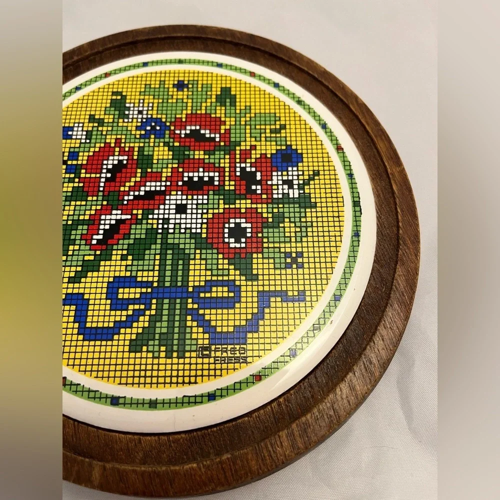 Trivet, MCM Fred Press Needlepoint Floral Design, Wood Base, Signed, Vintage EUC